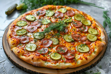 A visually stunning gourmet pizza featuring a golden crispy crust, layers of savory salami, tangy pickles, and fresh dill, all beautifully arranged on a rustic wooden board.