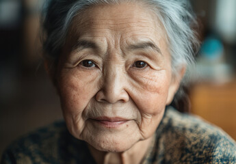 Close-up of an elderly Asian woman with expressive wrinkles and soft, serene features. She appears contemplative and wise, reflecting a lifetime of experiences and history in her gaze and demeanor