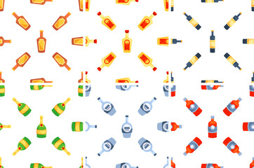 Obraz premium Colorful bottles of alcoholic beverages forming a seamless pattern on white background