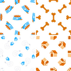 Seamless patterns with pet food, bones, retractable leashes and wooden dog houses