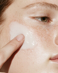 Naklejka premium close up of a young Caucasian woman applying cream on her cheekbones with one finger