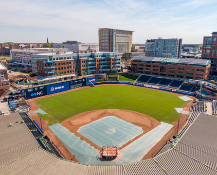 March 28, 2024: Durham, NC, USA - Stock Drone Images of the Durham Bulls Athletic Park in Downtown Durham North Carolina on a Sunny Day: Sports, Cityscape, Tourism
