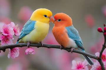 Fototapeta premium Pair of Colorful Lovebirds Perched on Cherry Blossom Branch in Springtime - Generative AI
