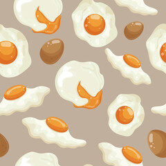 seamless pattern with various cooked chicken eggs, namely fried, boiled and eggs with liquid yolk on a brown background, for various advertising banners and advertisements