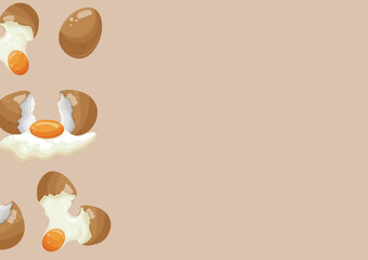 poster with various chicken eggs, namely broken eggs, eggshells and an egg that spreads on a brown background, for various advertising banners and advertisements