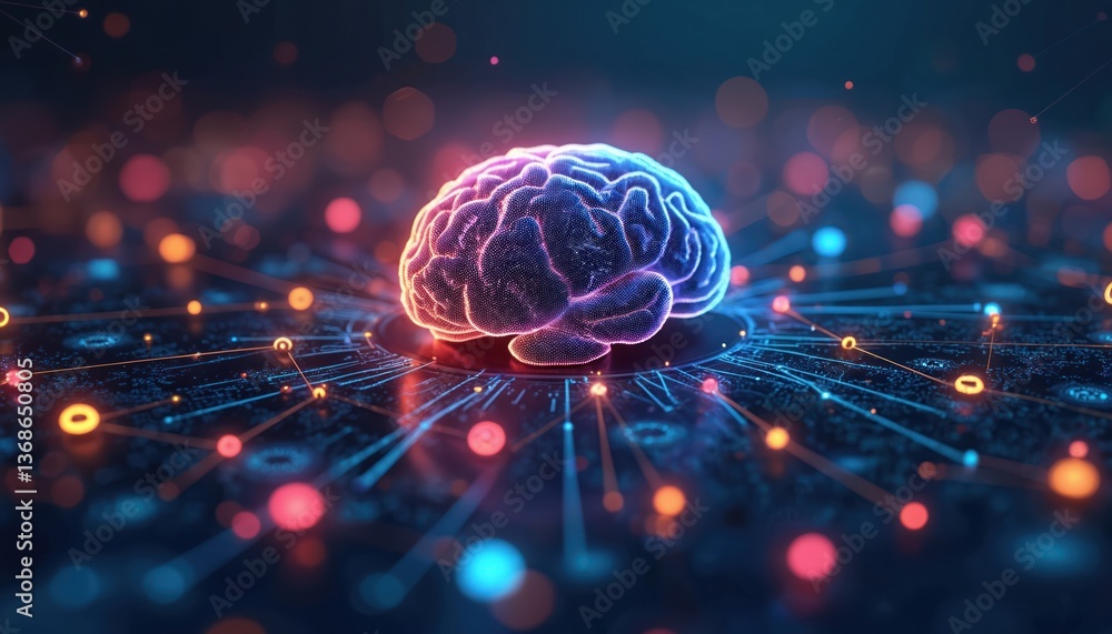 Poster brain graphic linked by network represents machine learning, data analysis processes. generative ai 