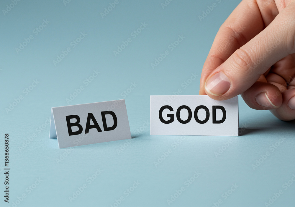 Poster hand holds good card near bad card on blue background representing good versus bad choice concept de