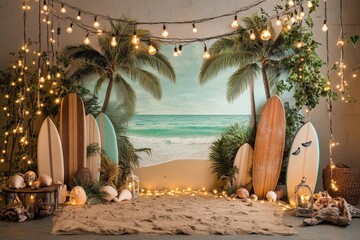 Tropical beach backdrop with vintage decorations and surfboards