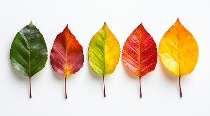 Nature's vibrant display with a row of colorful leaves reflecting the beauty of the seasons against a pristine white background