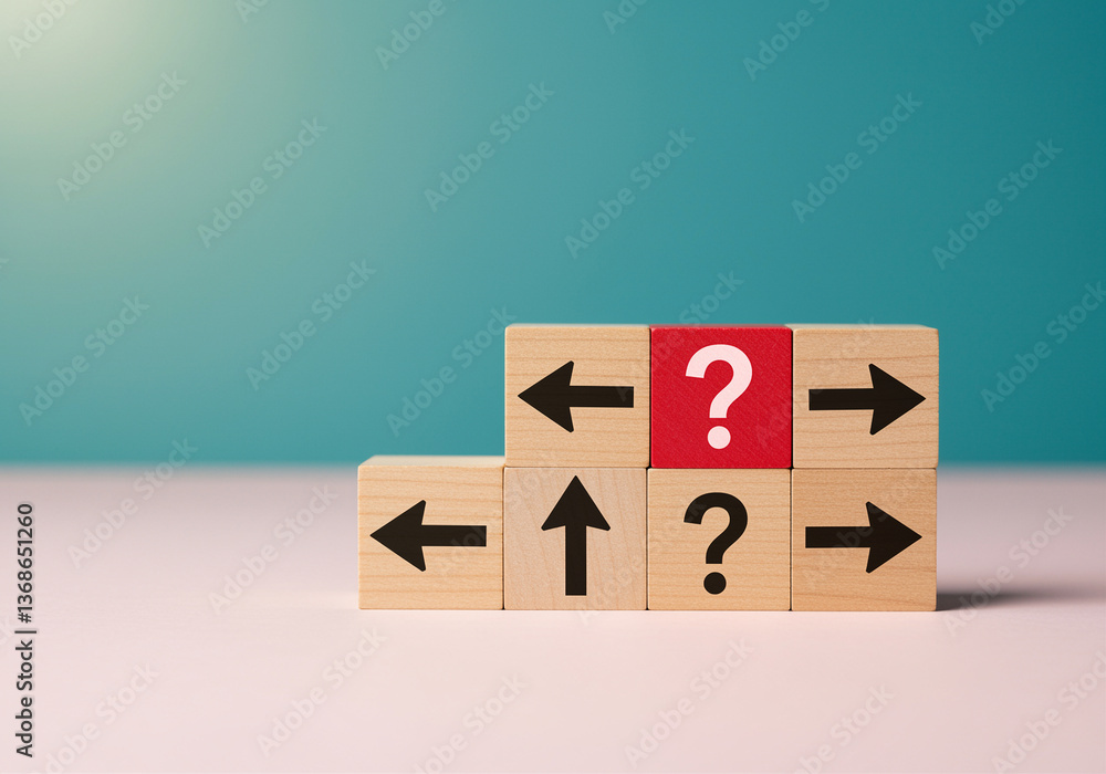 Aufkleber blocks with arrows and question mark representing decision making and business strategy concept. woo