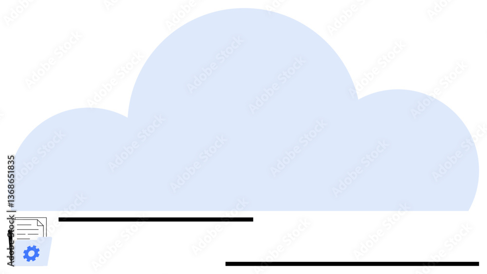 Poster light blue cloud with a file stack icon and gear symbol representing file storage, backup, and data 