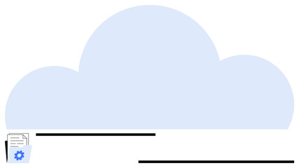 Light blue cloud with a file stack icon and gear symbol representing file storage, backup, and data access. Ideal for technology, cloud computing, management, digital transformation, teamwork