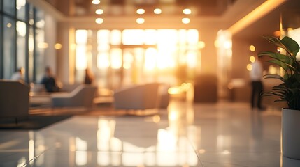 Blurred modern banking lounge with professionals in the background,