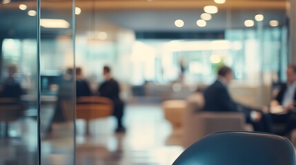 Blurred modern banking lounge with professionals in the background,