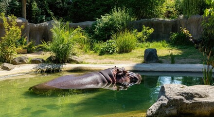 Naklejka premium Hippopotamus basking in zoo enclosure pool sunlight