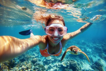 Fototapeta premium Bright commercial style image. A stunning and sexy happy black young woman with medium hair with a happy face snorkeling among the corals. A dense school of silver fish swims next to her.