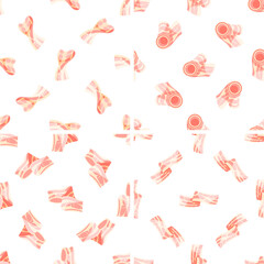 Seamless pattern with bacon slices rolling and unfolding on white background