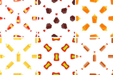 Seamless pattern with bottles and containers of ketchup, mustard and soy sauce rotating on white background