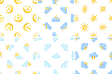 Seamless patterns representing day, night, clouds, sun and thunder