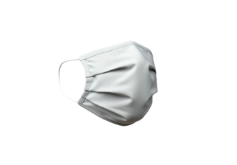 A floating white fabric face mask fully stretched out, on a solid white background
