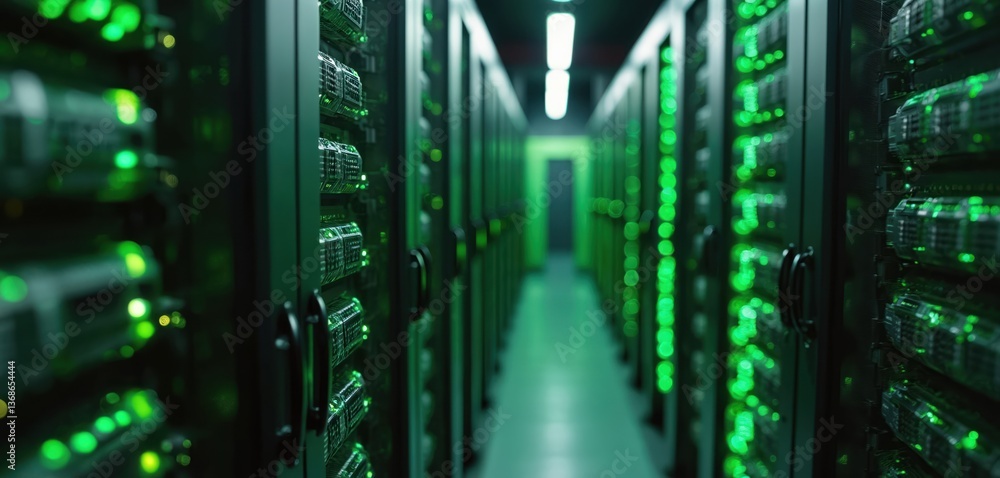 Poster data center with multiple rows of server racks, powerful computers. digital information storage, hig