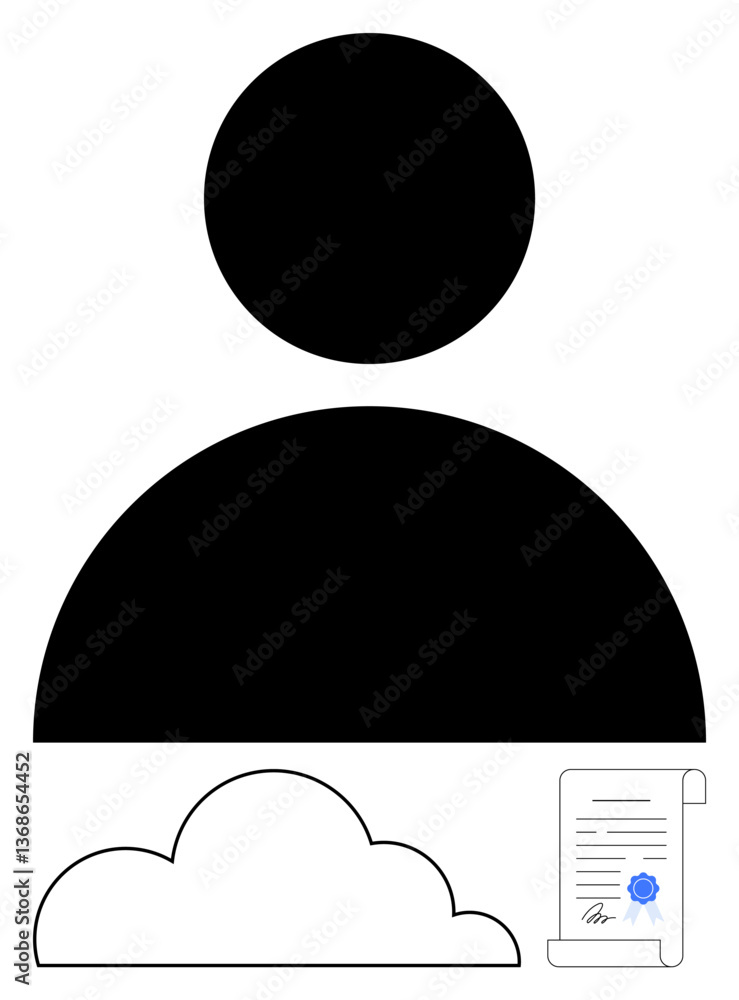 Poster profile icon above a cloud and a signed document representing user identity, cloud services, and doc