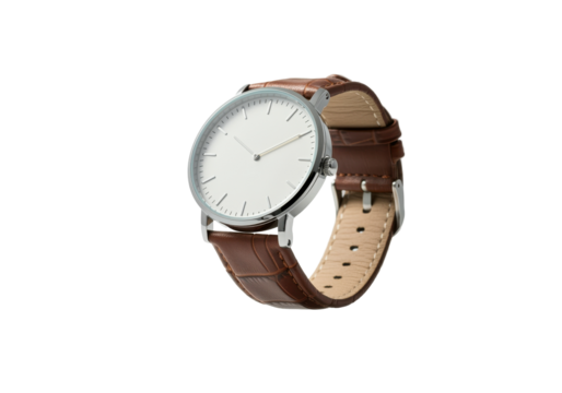 A floating wristwatch with a leather strap, on a solid white background