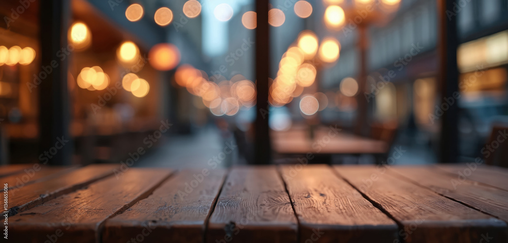 Aufkleber empty rustic wooden table in cafe with blurred bokeh lights background. top surface for product plac