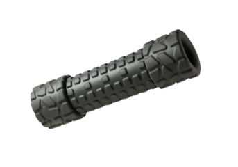 A foam roller floating horizontally, on a solid white background