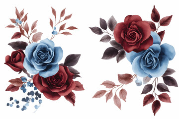 Watercolor rose arrangements in blue and burgundy hues