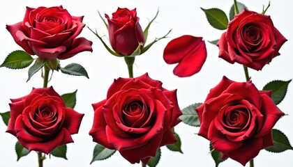 Fototapeta premium Red rose flower isolated on white. Blooming rose petals with green leaves, floral design. Perfect for Valentine Day, wedding, love, romantic greeting cards.