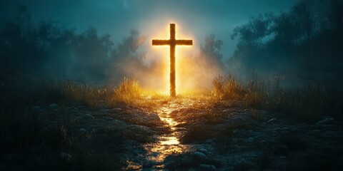 Symbol of faith shines brightly in a misty landscape at twilight near a serene path