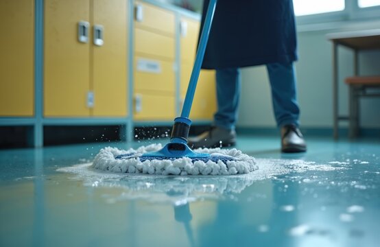 Person cleans floor in school classroom with mop. Wet floor with detergent. Cleaning service. Housekeeping, cleanliness, hygiene concept. Tidying up, removing dirt, disinfecting, keeping tidy.