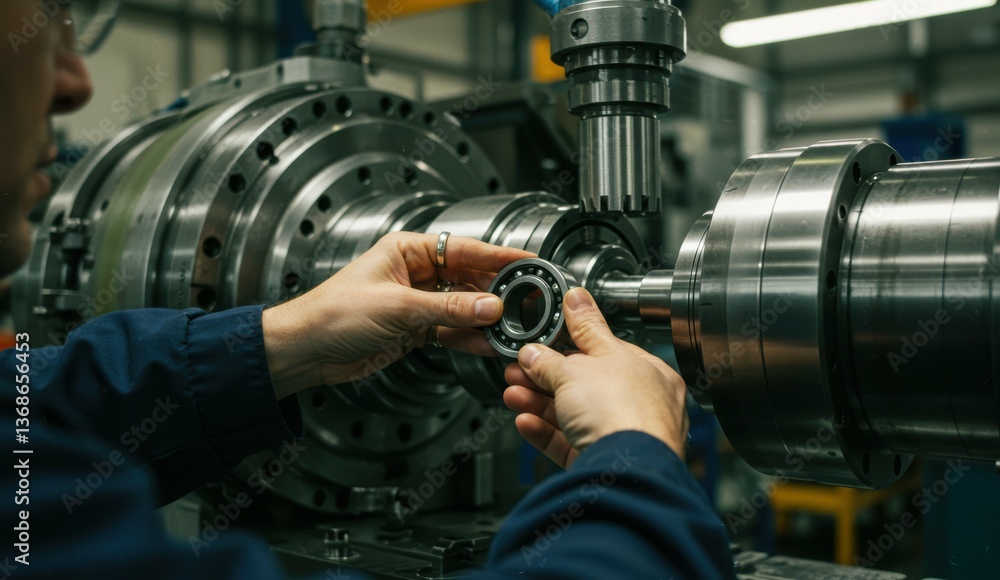 Poster male technician assembling metallic components in industrial workshop emphasizing precision and skil