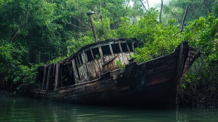 Wooden shipwreck in a swamp surrounded by lush jungle plants