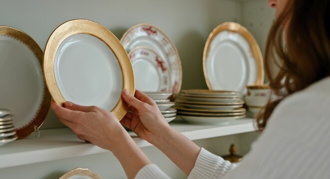 Woman organizing elegant plates on shelf in kitchen