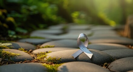 Grey ribbon on stone path surrounded by greenery, symbolizing brain cancer awareness