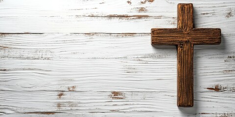 Wooden cross rests on a rustic white wooden surface creating a reflective and serene atmosphere in a spiritual setting