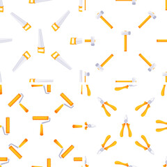 Seamless pattern of hand tools including saws, hammers, paint rollers and pliers, creating a repetitive design on white background