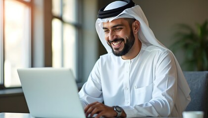Happy arabian businessman working on laptop. Smiling, wearing traditional arab clothes. Middle Eastern professional using modern tech for business tasks.
