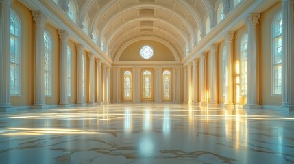 Obraz premium Sunlit grand hall, elegant columns, marble floor