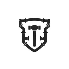 Plumbing and Repair Logo with Hammer and Pipes in a Shield