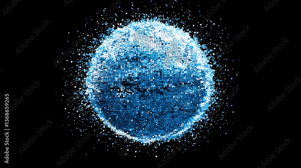 Poster abstract digital sphere exploding into particles