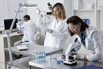 Scientists working with samples at table in laboratory