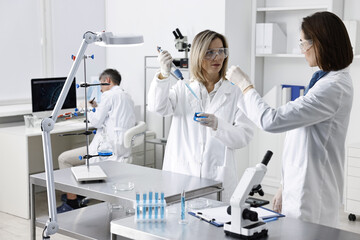 Scientists working with samples at table in laboratory