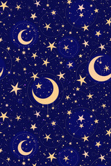 Naklejka premium Starry magical night sky strewn with decorated stars and moons. Seamless pattern