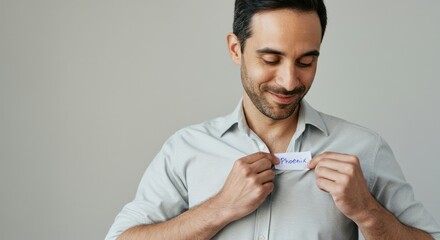 Smiling man placing name tag proudly on his shirt
