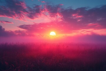 Fototapeta premium Pink sunrise over misty grass field