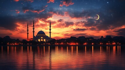 Obraz premium Mosque Silhouette at Sunset with Crescent Moon and Stars