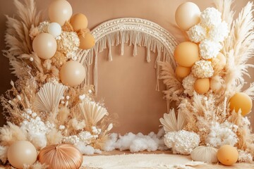 Warm pastel background with balloon garland and macrame details